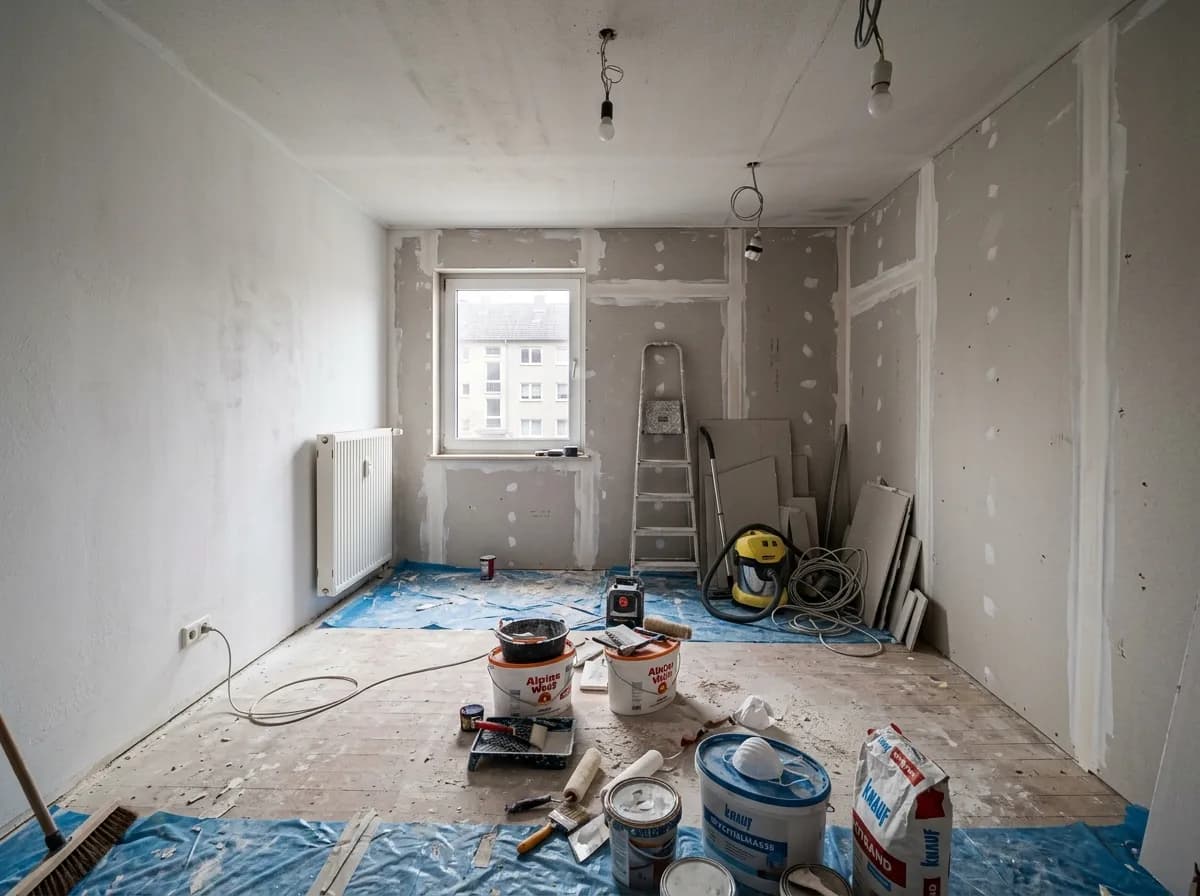 Wohnung während der Sanierung mit neuen Trockenbauwänden und Malerarbeiten
