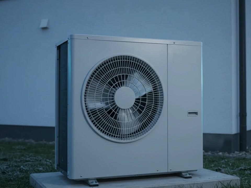 الوحدة الخارجية لمضخة حرارية هواء-ماء بجانب منزل